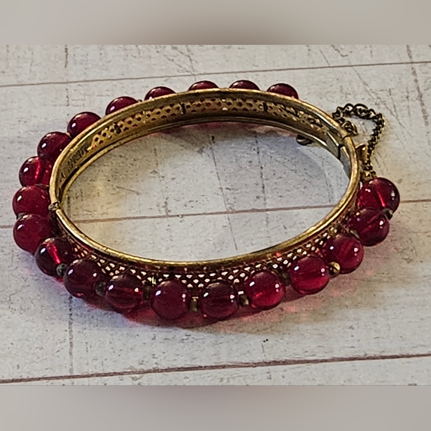 Vintage Signed Miriam Haskell Ruby Red Beaded Bangle Bracelet